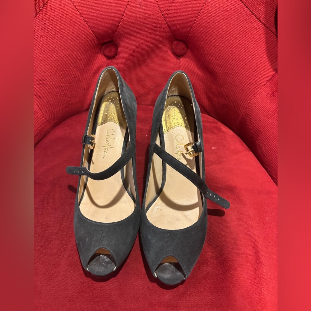 Cole Haan Mary Jane Suede Peep Toe Heels Pumps